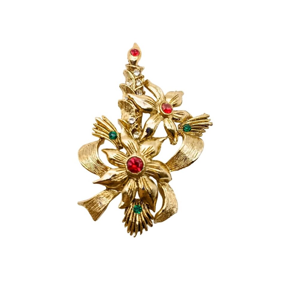 Vintage Beatrix Gold Tone Floral Brooch with Crystal Accents on Candlestick